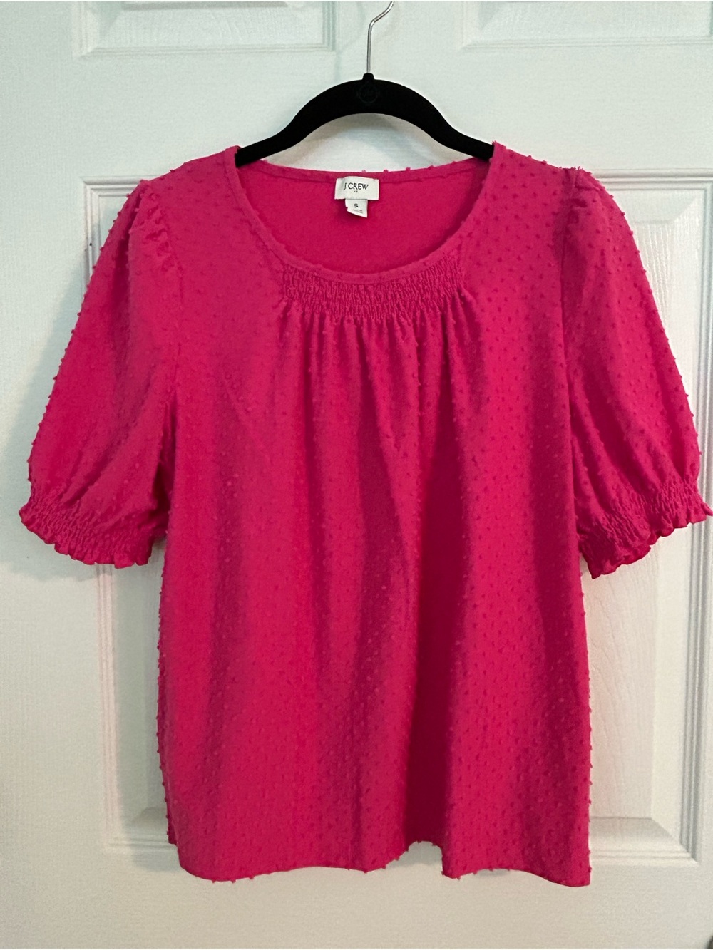 J. Crew Bright Pink Textured Puff-Sleeve Blouse